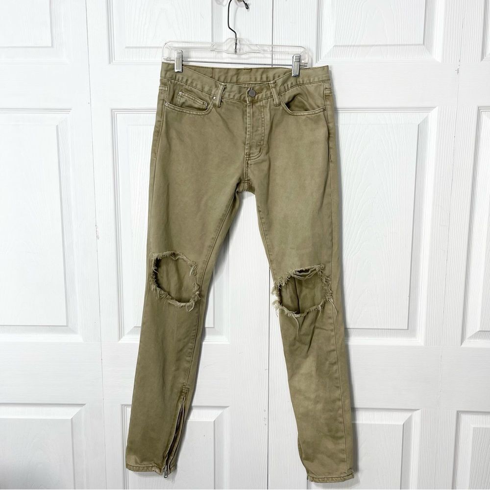 MNML Olive Green Distressed Jeans Ankle Zip Button Fly, Size 31